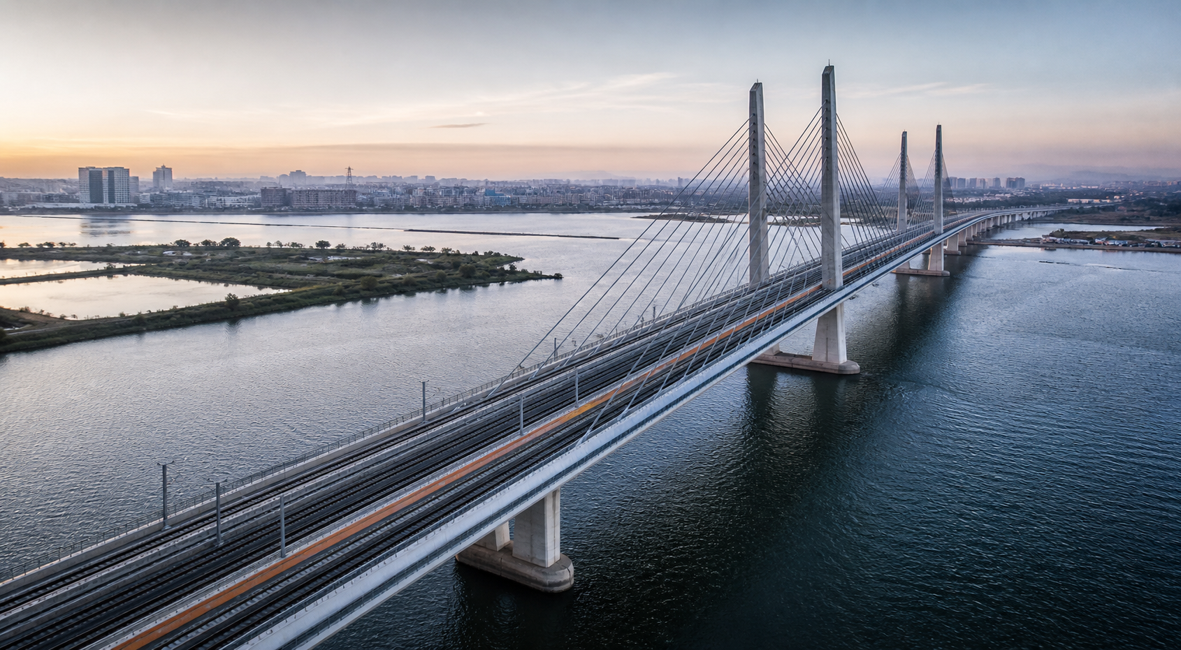 Cable-stayed rail bridge crossing a river at dawn